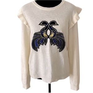 Pinko $325 Cashmere Embellished Peacock Ruffle Sleeve Sweater 0050